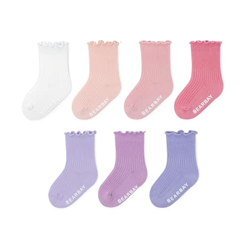 Bearbay 7 Pairs Baby Girls Ruffle Grip Socks Non-Slip - Cute Cotton Ankle Socks for 0 Months - 7 Years Old Walking