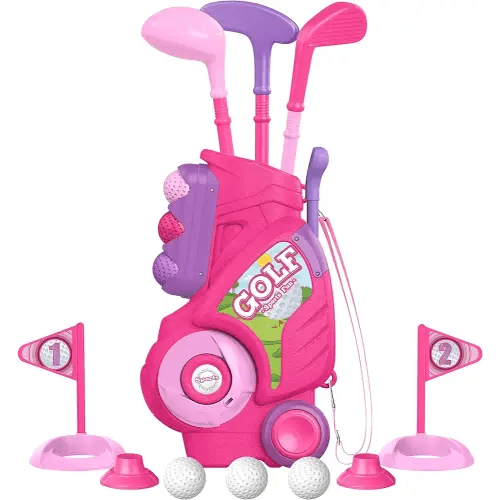 Liberry Toddler Golf Set for 1 2 3 4 5 Years Old, Upgraded Kids Golf Cart with Unique Shoulder Strap Design, Indoor and Outdoor Golf Toys for Boys Girls (Pink)