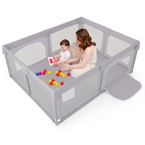 Safstar Large Baby Playpen, 75" x 59" Baby Activity Center w/Zippered Doors, Storage Bag, Indoor Outdoor Baby Play Yard Fence for 0-3 Years Old, Gray