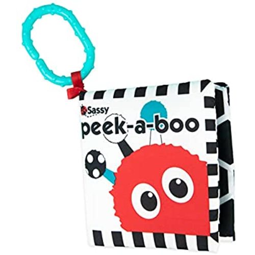 Sassy Peek-a-Boo Activity Book with Attachable Link for On-The-Go Travel | Black & White | for Ages Newborn and Up