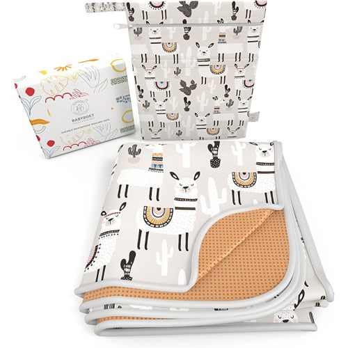 BABYBOET Splat Mat for Baby – Under High Chair Floor Mat Protects Wood, Vinyl and Carpet from Spills – Waterproof Triple Layer Baby Mat Bundle with Waterproof Matching Wet Bag (51” x 51”)-Grey Alpaca