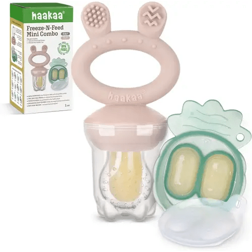 Haakaa Baby Fruit Food Feeder & Mini Freezer Nibble Tray Combo, Breastmilk Popsicle Molds for Baby Cooling Relief, BPA Free Silicone Feeder for Safe Infant Self Feeding, 4 Month+ (Blush)