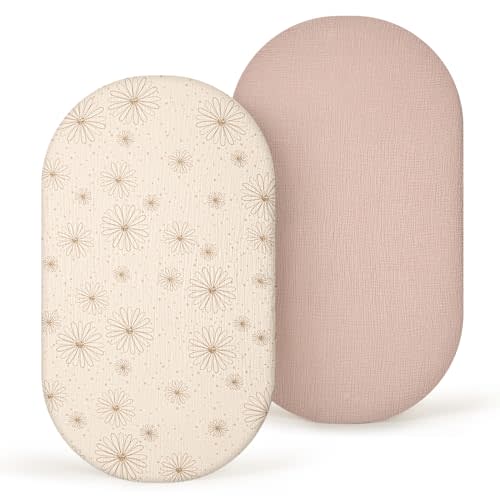 lulumoon Muslin Bassinet Sheets Baby: Cotton Bassinet Sheets Fitted for Boys and Girls - Bassinet Sheets for Oval Rectangle or Hourglass Mattress(Sand Daisy)