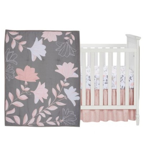 Lambs & Ivy Petals Gray/Pink Sateen Cotton Floral 3-Piece Baby Crib Bedding Set