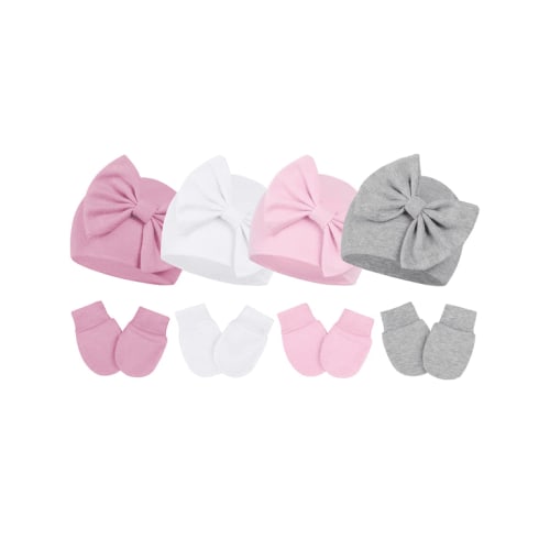 Zando Newborn Beanie Caps & Mittens Set, Soft Infant Hats with Big Bow, 0-3 Months