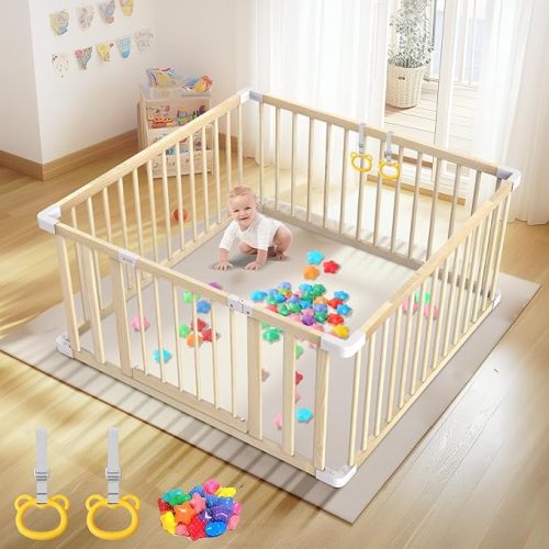 Baby Wooden Playpen for Toddler and Babies - 43 x 43 x 25 in Easy to Assemble Baby Playpen with 2 Handles & 30 Ocean Ball - Babies Safety Activity Centre Play Yard with Door for Indoor & Outdoor