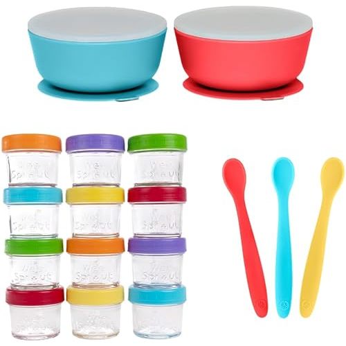 WeeSprout Baby Feeding Bundle - Glass Food Storage Jars - 2 Silicone Suction Bowls - 3 Soft-Tip Baby Spoons - Microwave & Dishwasher Safe - Infant to Toddler Mealtime Kit