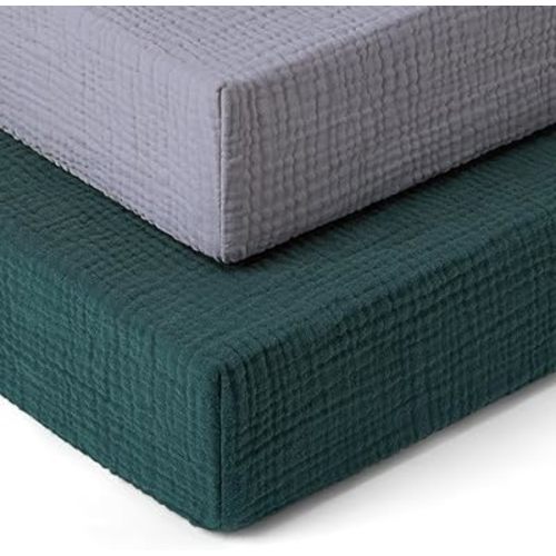 Pro Goleem 2 Pack Muslin Crib Sheets for Boys and Girls, Soft Breathable Neutral Fitted Cotton Baby Bed Sheets Set for Standard Crib Mattress & Toddler Mattress 52"x28", (Grey&Green)