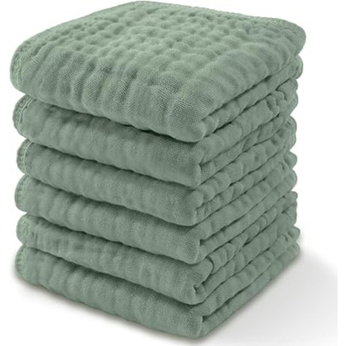 Comfy Cubs Muslin Baby Washcloths 6 Pack - Soft 6-Layer Cotton Wash Cloths for Sensitive Skin - 10"x10" Large, Gentle, Absorbent Infant Essentials for Newborn and Toddlers - (Fern)