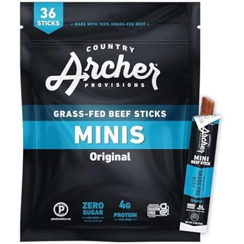 Country Archer Mini Beef Jerky Sticks - Grass Fed Beef Sticks Individually Wrapped, Mini Beef Sticks Bulk, Beef Jerky Snack Packs, Gluten Free, Paleo, Keto - .5 oz Meat Sticks (Pack of 36)