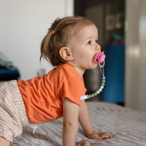 Clearance under $5 FAMTKT 2 Pack Pacifier Clips for Baby Boys and Girls, One-Piece Silicone Pacifier Chain with Clip for Teether Toys, Pacify Toy Molar Lozenge Chain