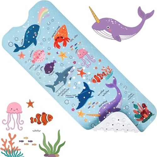 Baby Bath Mat for Kids Toddler 40" x 16", Cute Non Slip Bathtub Shower Mat with 200 Strong Suction Cups & Quick Dry Holes, Soft PVC Marine Animals Cartoon Design for Boys Girls