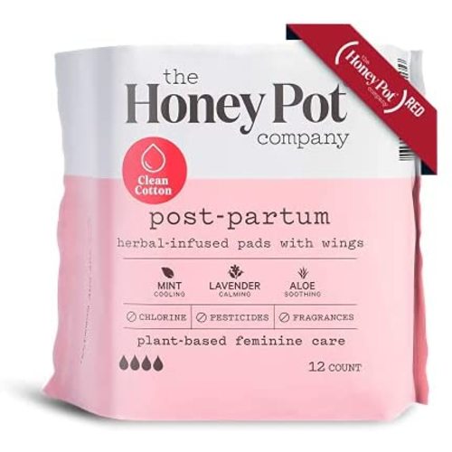 The Honey Pot Company Clean Cotton Postpartum Pads (12 Count), Herbal-Infused, Postpartum Pads with Wings, Plant-Derived