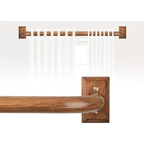 Blackout Wrap Around Curtain Rod 28 to 48 Inch:Heavy Duty Adjustable Imitation Wood Curtain Rod 1 Inch Wooden Room Darkening Curved French Windows Drapery Rods for Farmhouse Bedroom Easy Install