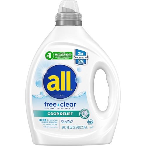 all Laundry Detergent Liquid, Free Clear for Sensitive Skin, Odor Relief, Unscented and Hypoallergenic, 2X Concentrated, 90 Loads