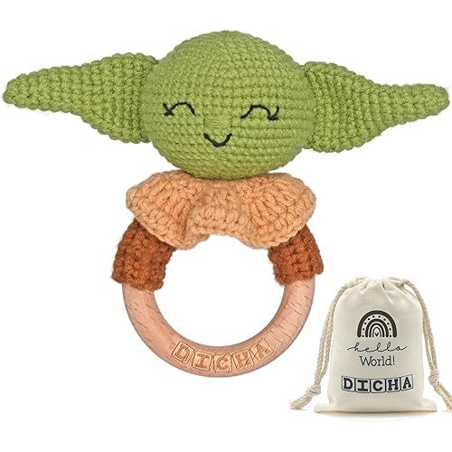 DICHA Wooden Baby Rattle-Crochet Baby Rattle- Infant Rattle Sensory Development Wooden Toys Set-Includes Beech Wooden Teething Ring- Baby Teether for Star Wars Fans The Baby Child