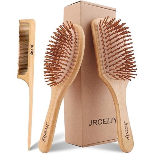 3PCS Bamboo Hair Brush Set, Natural Wooden Brush for Women, madam, Paddle Detangling Brush for Curly/Dry/Thick/Thin/Straight Hair