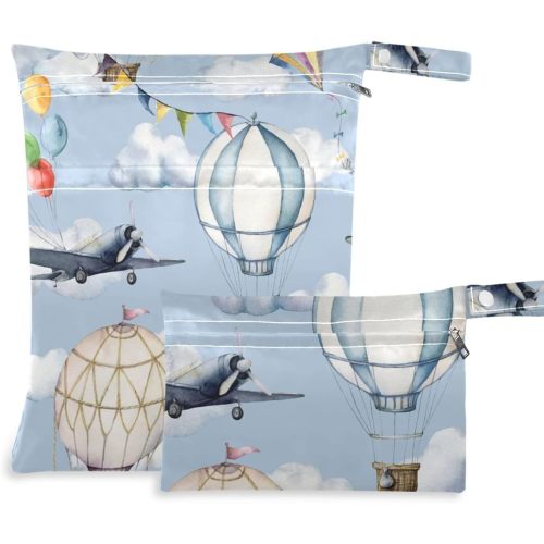 2 Pcs Wet Dry Bag Hot Air Balloons Planes Waterproof Reusable Baby Cloth Diaper Wet Bags with 2 Zipper Pockets for Breast Pump Parts Travel Beach Pool Gym Yoga Swimsuits Wet Clothes