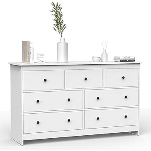 JOZZBY White Dresser for Bedroom, 55" Long Dresser, 7 Drawer Dresser with Metal Knob, Dressers & Chests of Drawers, Kids Dresser, Dresser for Bedroom, Hallway