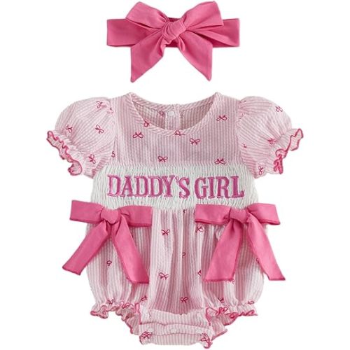 FIOMVA Toddler Baby Girl Clothes Summer Smocked Bubble Romper Embroidery Onesie Short Sleeve Bodysuit Cute Outfits