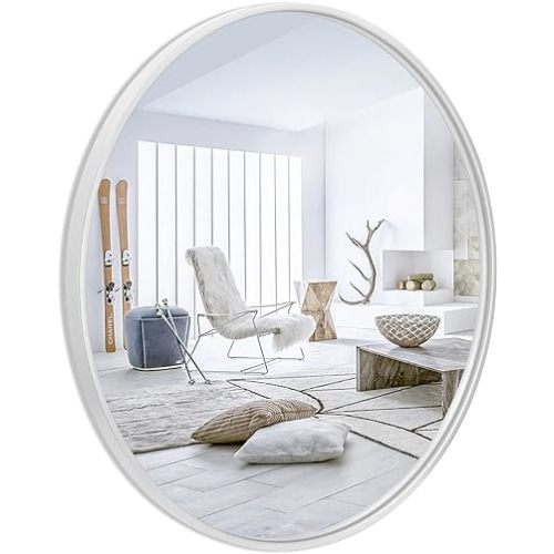 24”Round Mirror, White Large Circle Metal Frame Wall Mirror for Bathroom, Entryway, Living Room,Vanity