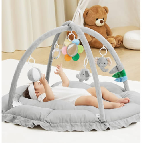ANGELBLISS 5 in 1 Baby Play Gym Mat, Reversible Tummy Time Mat with 5 Sensory Toys for Stage-Based Developmental, Thick & Large Baby Activity Center from Newborn to Toddler (Grey)