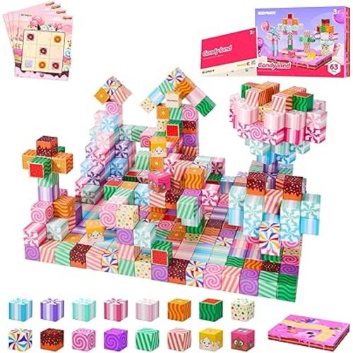 Magnetic Blocks Candy Land Edition, Magnetic Tiles Building Blocks Boys & Girls Toys Age 3-5 4-8 5-7 Sensory Gift for Kids，Magnets Cubes，Upgraded STEM Gift 1.2 Inches