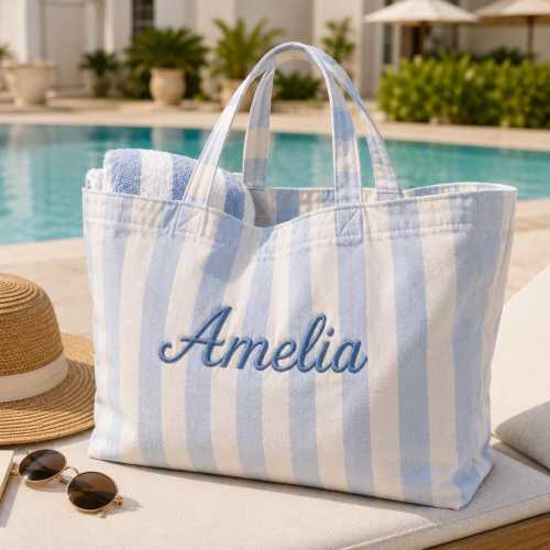 Personalized Striped Beach Tote, Custom Embroidered Name Pool Bag, Large Canvas Vacation Tote, Girls Trip & Bridesmaid bachelorette gift