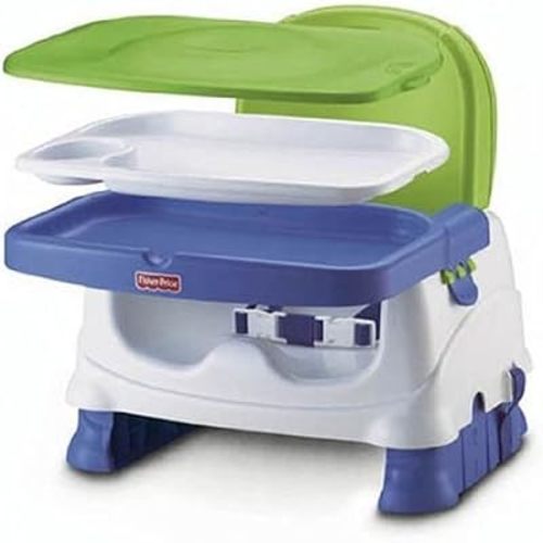 Fisher-Price Toddler Booster Seat Healthy Care Deluxe Blue Adjustable Chair for Dining Table & Travel with Baby, Dishwasher Safe Tray
