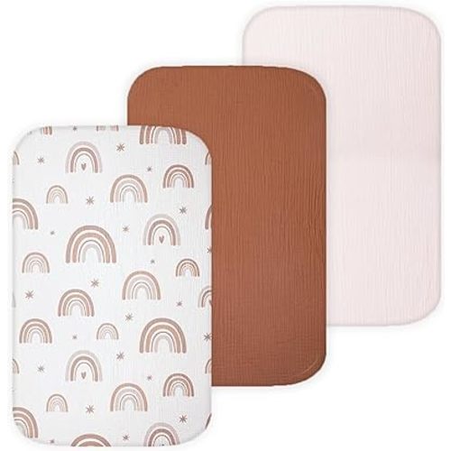 Muslin Bassinet Sheets Compatible with AMKE, Angel Bliss, Baby Joy, Maxi-COSI Baby Bedside Sleeper TansyPanda, 3 Pack, 20×33 in, Ultra Soft, Breathable, Snug Fit, Unisex Boys and Girls, Brown Rainbow