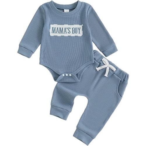 Douhoow Infant Baby Boy Outfits Letter Embroidery Baby Sweatshirt Romper Waffle Elastic Waist Pants Fall Winter Clothes