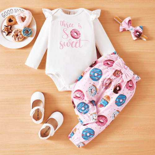 PatPat Baby Girl Outfit Set Ruffle Bodysuit Donut Print Pants with Bow Headband Cute Gift Idea White Pink 0-18 Months