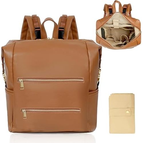 Diaper Bag Backpack Baby Diaper Bag with 15 Pockets Travel Backpack,2 Insulated Pockets,Stroller Straps,Changing Pad,Brown