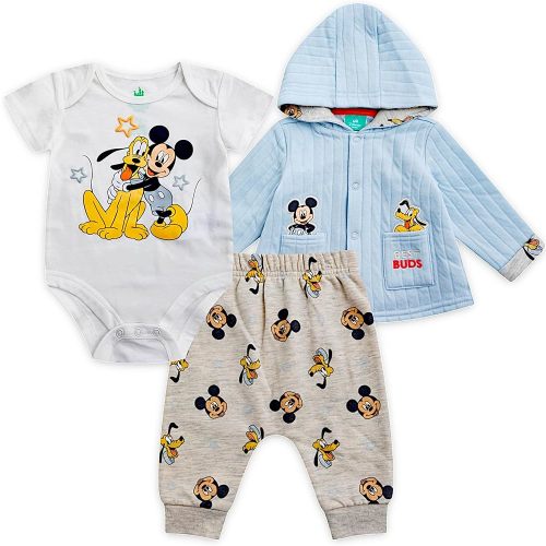 Disney Winnie the Pooh Baby Boys Pants Set with Bodysuit and Hooded Snap Quilted Jacket 3 Pack Set for Infant