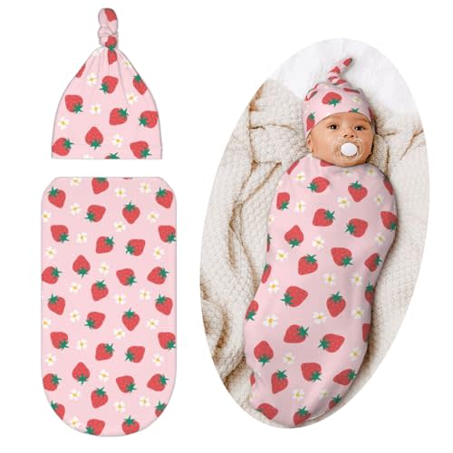 Qwalnely Swaddling Blanket for Baby, Sleeping Sacks, Unisex Baby Stuff with Hat, Strawberry