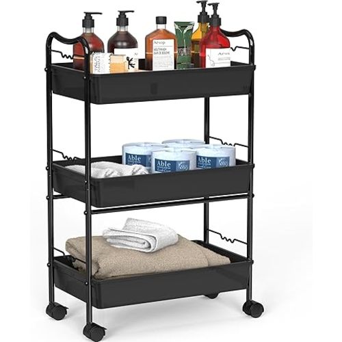 Deco Brothers 3 Tier Metal Rolling Storage Utility Cart with Wheels, Black