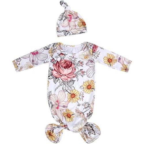 MVUOCR Newborn Baby Girl's Knotted Gowns Floral Baby Sleeper Infant Nightgowns Gift and Soft Coming Home Outfit with Hat