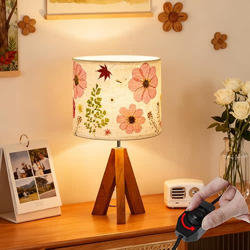 Dried Flowers Tripod Table Lamp 14.96in, 9W LED Dimmable Cute Bedside Lamp with Flowers Linen Lampshade for Nursery, Bedroom, Kid Room, Living Room, Light Brown Wooden Base
