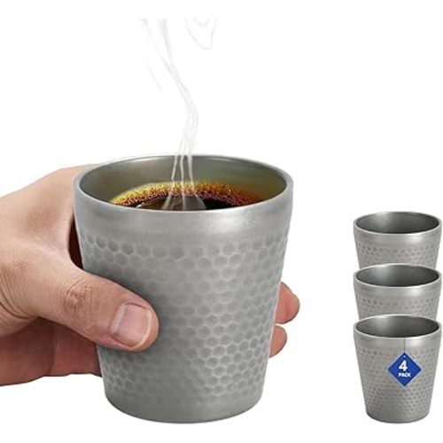 Stainless Steel Espresso Cup-4pcs Set,Double Wall Insulated Metal Demitasse Cups, 6 oz (175ml),Mini Coffee Cup for Beverages, Diamond Pattern Anti-Slip and Scalding.