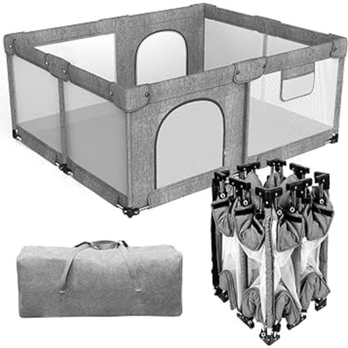 PATYWAGA Foldable Baby Playpen,Collapsible Playpen for Babies and Toddlers, Extra Large Foldable Playpen for Baby with gate, Baby Activity Center with Fence, Indoor & Outdoor Travel Play Pen (59"×71")