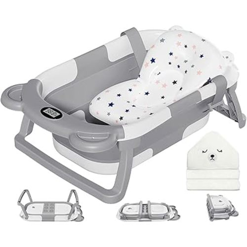 MoreFeel Collapsible Baby Bathtub for Newborn with Thermometer & 1 Hooded Towel & 1 Soft Floating Cushion,Portable Travel Bathtub with Drain Hole, Durable Foldable Baby Tubs for Infants to Toddler