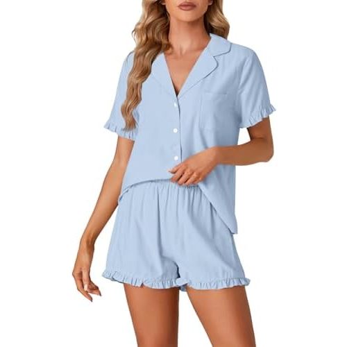 Vrtige Women's 2 Piece Cotton Pajamas Set Button Down Short Sleeve Top and Shorts PJs Set Sleepwear
