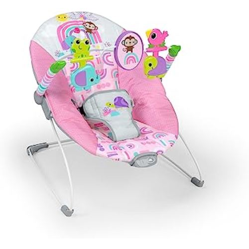 Bright Starts Pink Paradise Portable Baby Bouncer with Vibrating Infant Seat and -Toy Bar, Max Weight 20 lbs., Age 0-6 Months