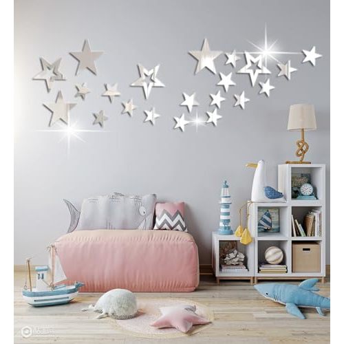 26pcs Stars Acrylic Mirror Wall Stickers 4Sizes Stars Stickers with Adhesive Art Decal 3D Wall Decorations for Baby Kids Bedroom Home DIY Decor (Silver Stars)