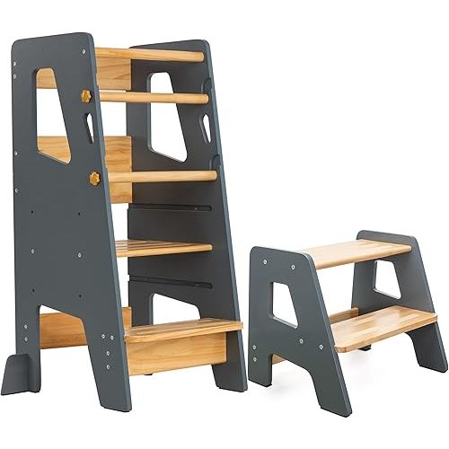 Step-Up Set - Standing Tower and Step Stool for Toddlers (Gray)