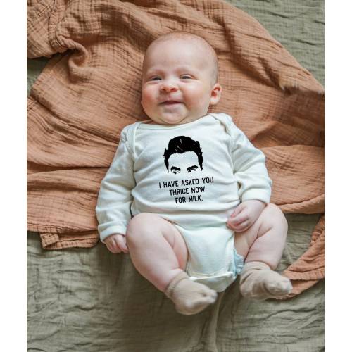 Schitt’s Creek The Bebe ﹒ I have asked you thrice for milk ﹒ Ew, David Bodysuit ﹒Schitts Creek Baby Shirt ﹒Schitts creek baby bodysuit