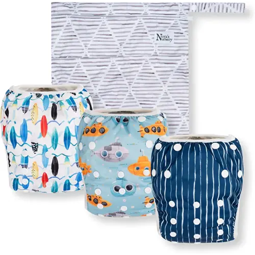 Reusable Swim Diapers and Wet Bag - One Size Fully Adjustable - Seaside Unisex 3 Pack with Wet Bag by Nora's Nursery