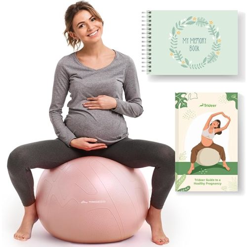 Trideer Pregnancy Birthing Ball - 1.7mm Extra Thick Yoga Ball for Maternity, Labor, Exercise, Physio, Recovery - Guide & Baby Memory Book Included - 440LB Anti-Burst & Non-Slip Stability