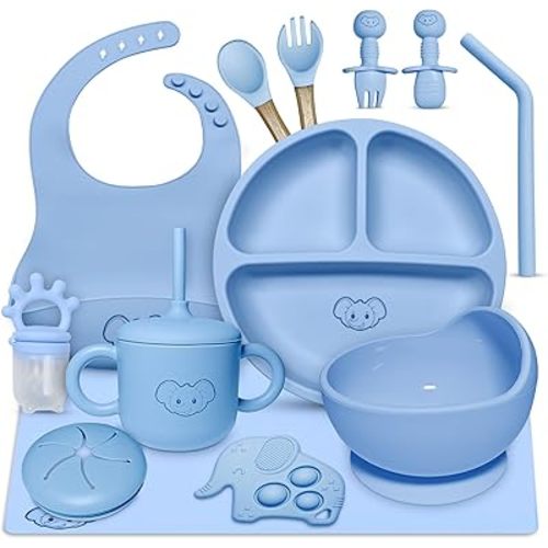 Silicone Baby Feeding Set - Baby Led Weaning Supplies with Sippy Cup, suction plate and bowl, Spoons, Forks, Fruit Pacifier, Bib, and Baby Eating Essentials for 6+ Months - Eight4you