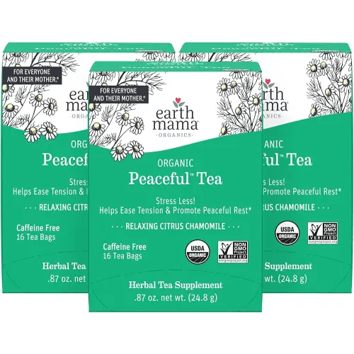 Earth Mama Organic Peaceful™ Tea | Stress Less! Calming, Relaxing Herbal Blend Safe for Pregnancy & Beyond, 16 Teabags Per Box (3-Pack)